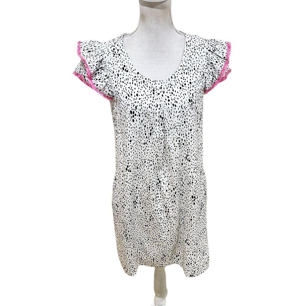 Persifor White/Black Polka Dot mini Dress Pink Trim flutter sleeve lined small
